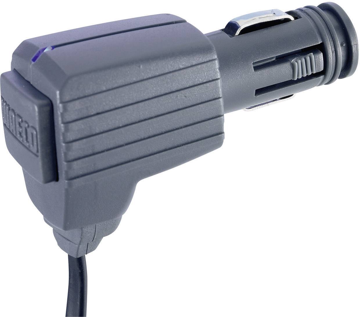 A black automotive plug adapter with a ribbed casing and cable, suitable for connecting to a car's cigarette lighter socket.