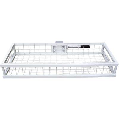 Metal basket for wall mounting with side handle, suitable for storing items.
