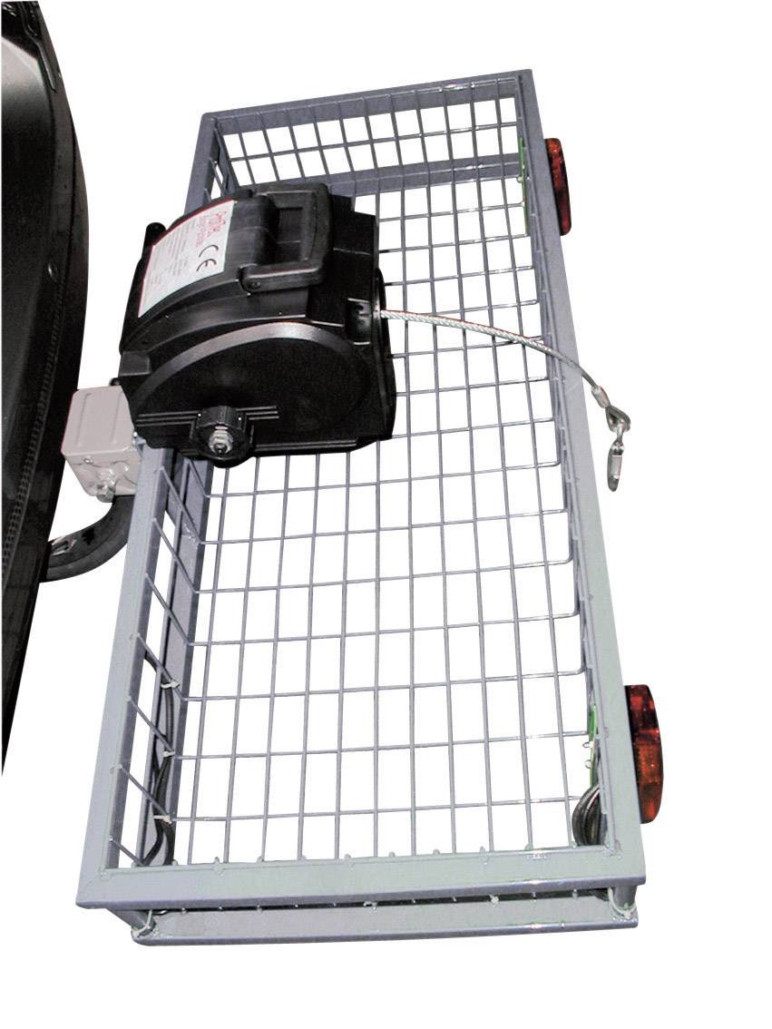 A rectangular, grid-like metal frame with two red rear lights and a black device is mounted on a vehicle.