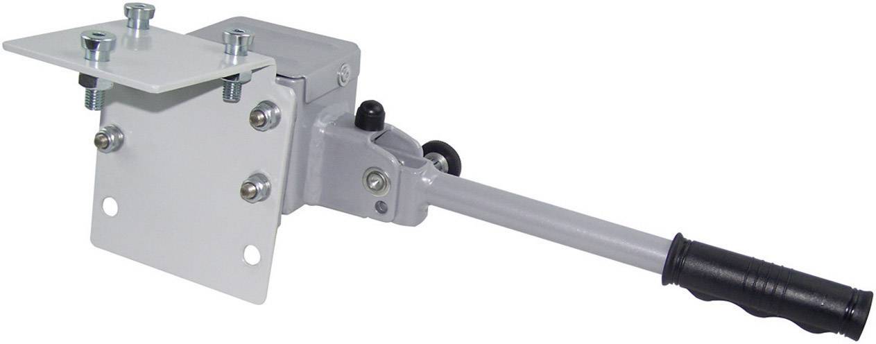 A manual lifting device with a long handle and mounting plate, suitable for lifting or securing objects.