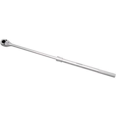 A silver torque wrench with a long handle for precise torque measurement during mechanical work.