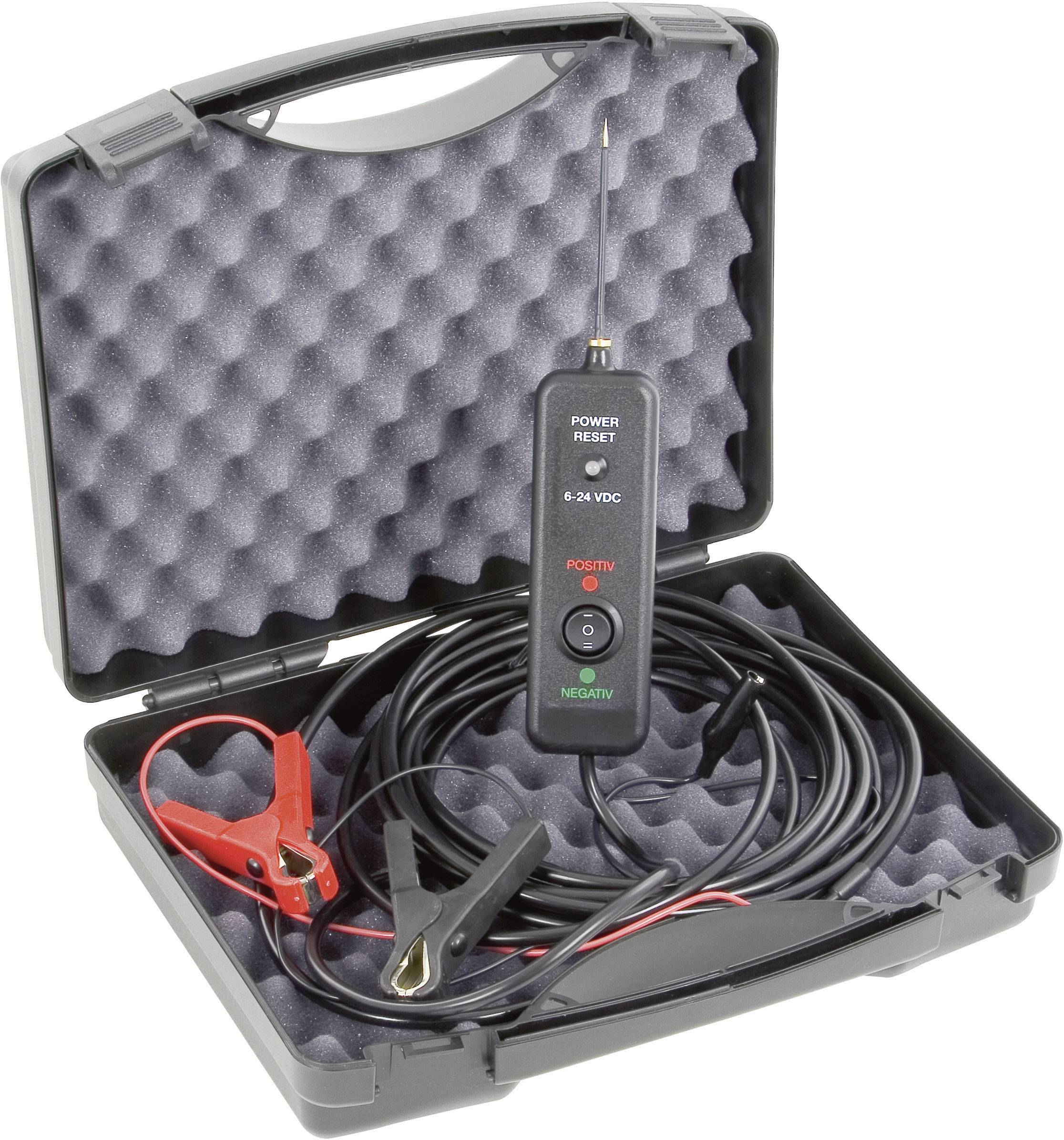 This is an electrical testing kit in a carrying case. It contains a device with indicators for 'Positive' and 'Negative' along with cable ends with clips.
