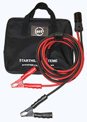 A black carrier bag with the inscription 'Jump Start Systems'. Beside it, red and black jump leads with clamps.