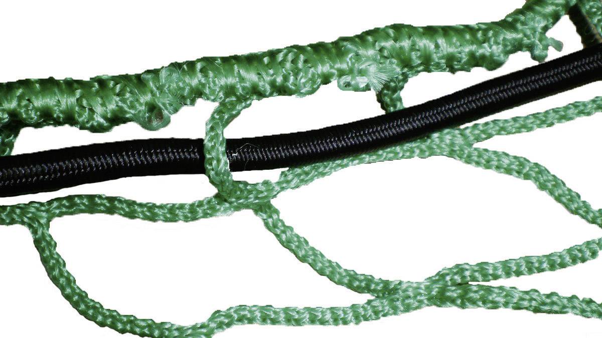 Green woven rope net wrapped around a black cable.