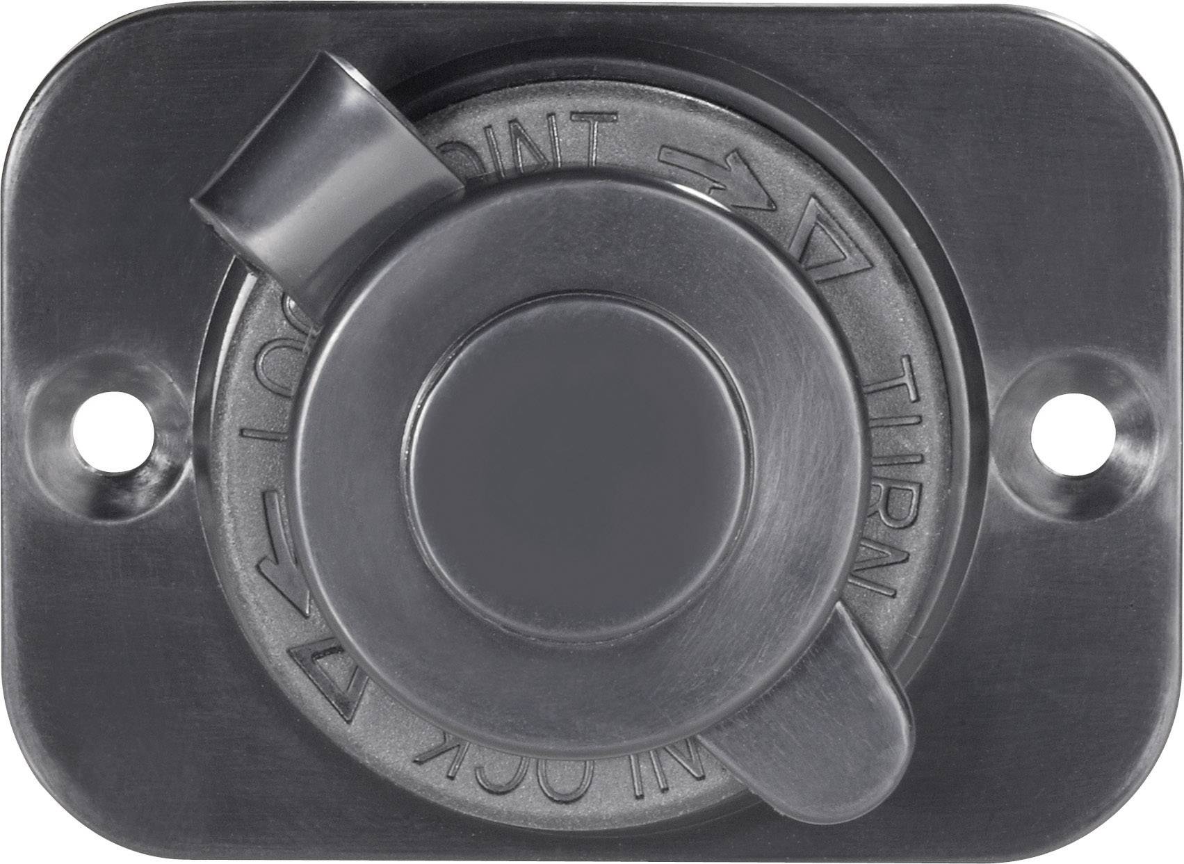 A round, grey metal rotary knob on a rectangular plate with two side screw holes. Inscription: 'TURN TO LOCK'.