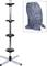 A metal tyre rack with four levels. Beside it, a grey fabric cover. Suitable for storing car tyres.
