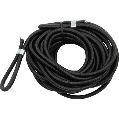 A long, black rope coiled into a large, round bundle, with a loop at the end.