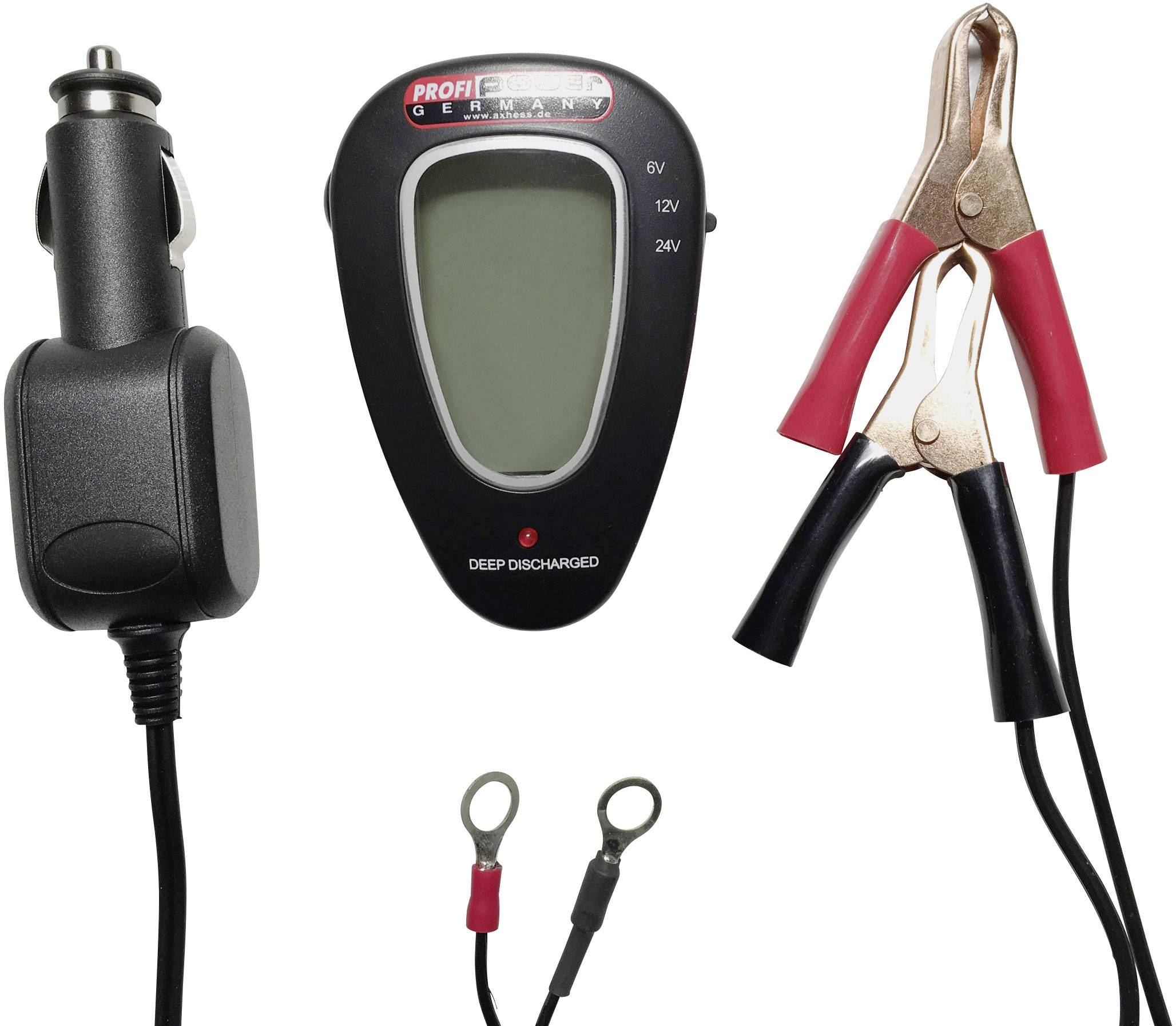 Digital battery tester with display, cigarette lighter plug, crocodile clips and ring terminals, for voltage testing of 6V, 12V and 24V batteries.