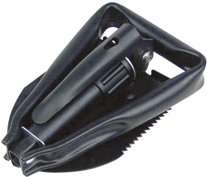 Black folding spade with serrated edges and foldable handle, compact for outdoor or garden use.