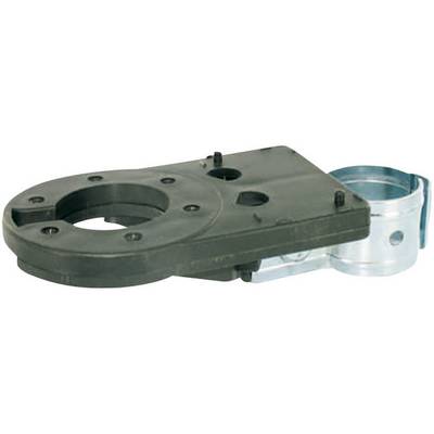 A black, rectangular plastic component with several circular cut-outs and a silver metal fastener on the side.