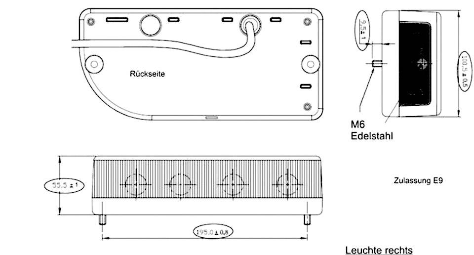 Technical drawing of a light fitting showing rear view and side view. Dimensions, mounting points, and E9 approval details are noted.