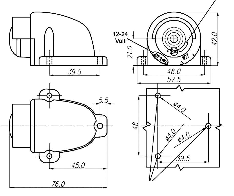 Technical drawing of an electrical component with multiple views and dimensions in millimetres. Voltage: 12-24 volts.