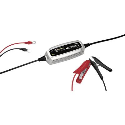 Battery charger with indicator lights and terminals. On the left, a ring cable lug on the red cable, on the right clamps in red and black.