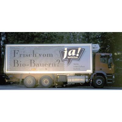 A lorry with the inscription 'Fresh from the Organic Farm? Yes! Of course' is parked on a road, surrounded by trees.