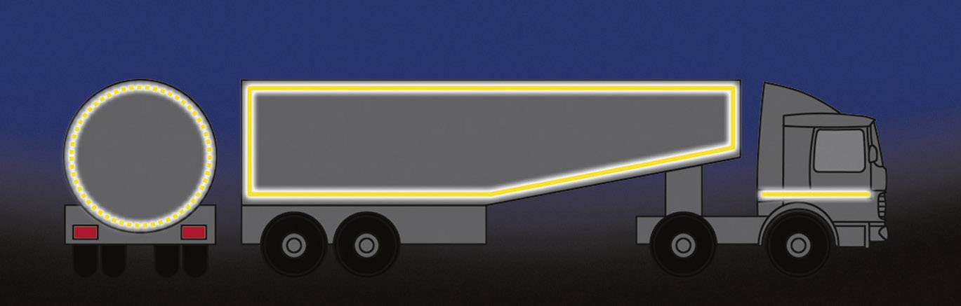 The graphic shows a lorry with reflective yellow stripes along the edges. The background is dark blue.