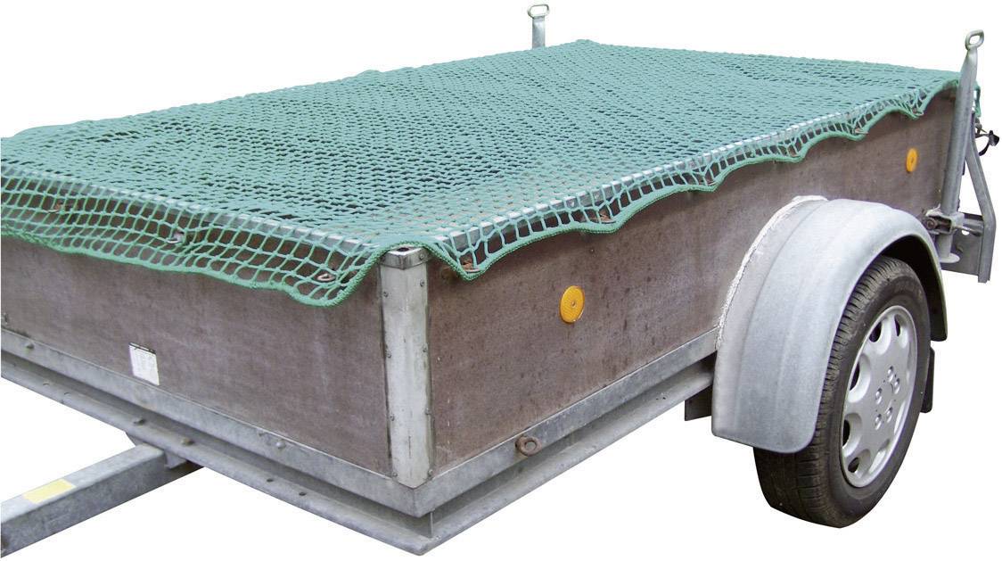 Trailer covered with a green net, side and rear views visible, metal frame, attached to a vehicle.