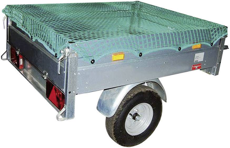 A metal tag with a green mesh over the load area, fitted with reflectors and a round wheel cover.