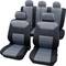 Car seats with grey and black upholstery, consisting of two front seats and a rear bench, in a neutral setting.