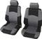 Two black car seats with grey seat surfaces and headrests, arranged side by side, against a neutral background.
