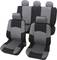 Four grey and black car seat covers with headrests in a tiered arrangement, showcasing design and material quality.