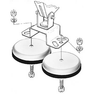 Technical diagram of a two-wheeled support stand, showing an exploded view with bolts and washers, illustrating the wheel mounting on the bracket.