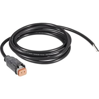 A black cable with a rectangular plug and an open end. Suitable for electrical connections.