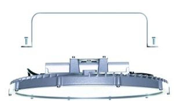 Industrial light with circular housing and ceiling-mounting bracket, grey, suitable for large interior spaces.