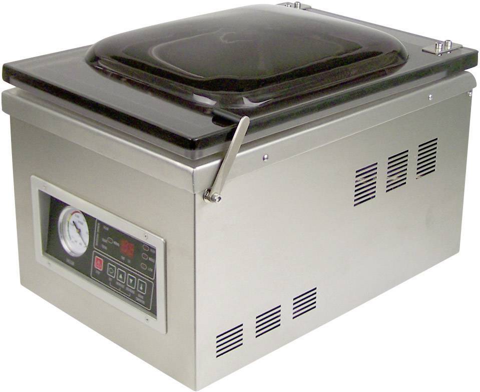 Stainless steel vacuum sealer with transparent lid and control panel on the front; used for sealing food.