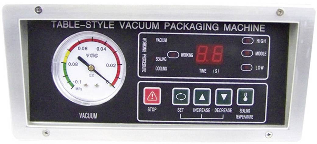 Display of a tabletop vacuum packaging machine with pressure gauge and digital controls for vacuum, sealing, and time.