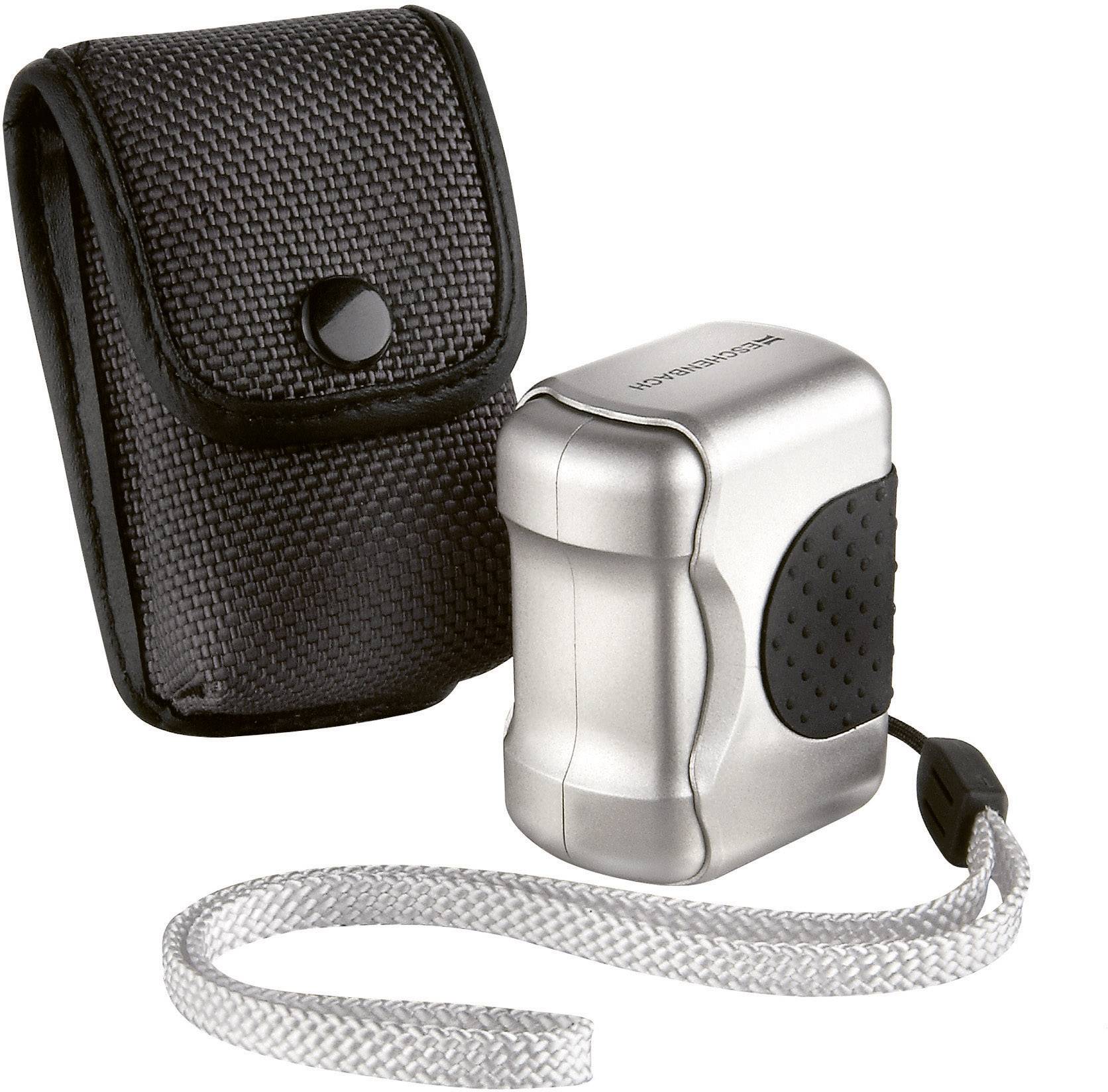 Small, silver hand-crank dynamo with a black handle and carry case, alongside a cord for generating electricity for mobile devices.
