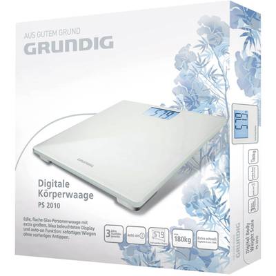 Digital Bathroom Scale by Grundig with LED Display, Capacity up to 180 kg. Packaging Features Floral Design and Product Specifications.