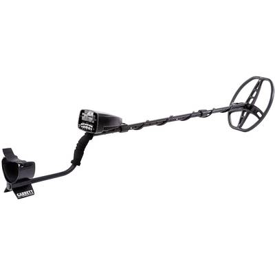 A black metal detector with a display, long shaft and circular search coil. Suitable for locating metals in the ground.