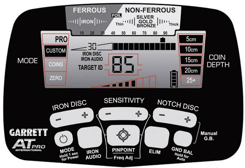 Display of a metal detector with various setting modes (Custom, Coins, Zero, Pro) and bar graph for depth measurement.