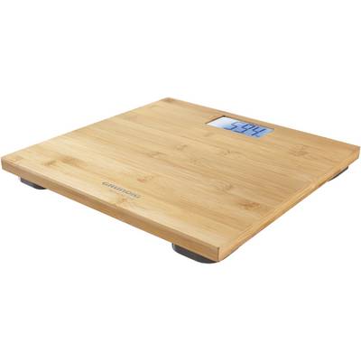Digital wooden bathroom scales with an LCD display showing '5.74'. Scale stands on dark non-slip feet.