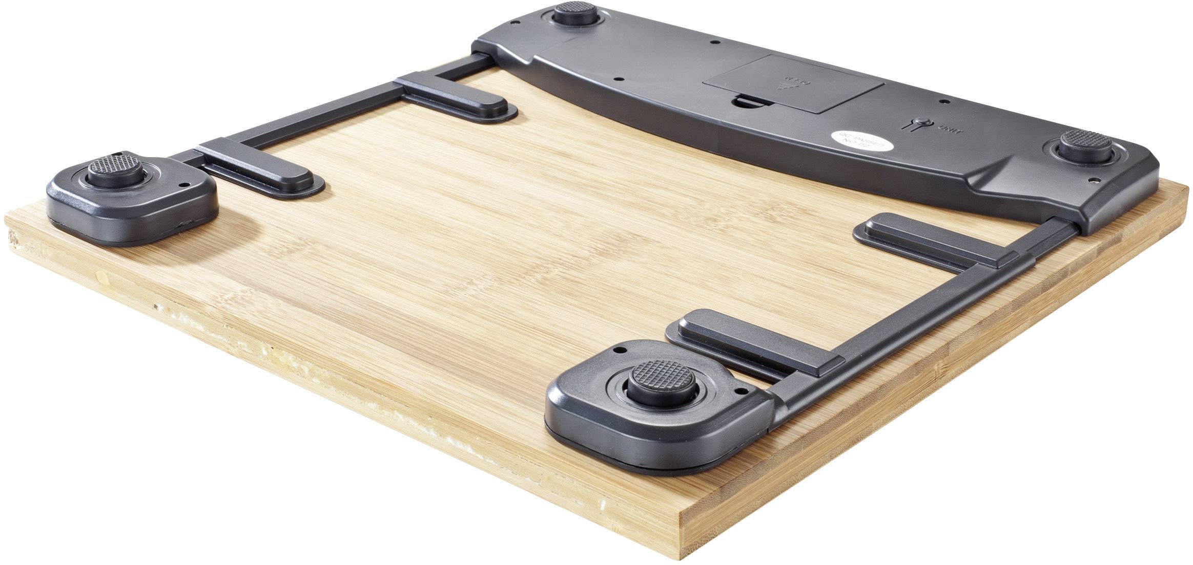 Bamboo desk surface with an adjustable black mounting mechanism on the underside, suitable for height-adjustable desks.