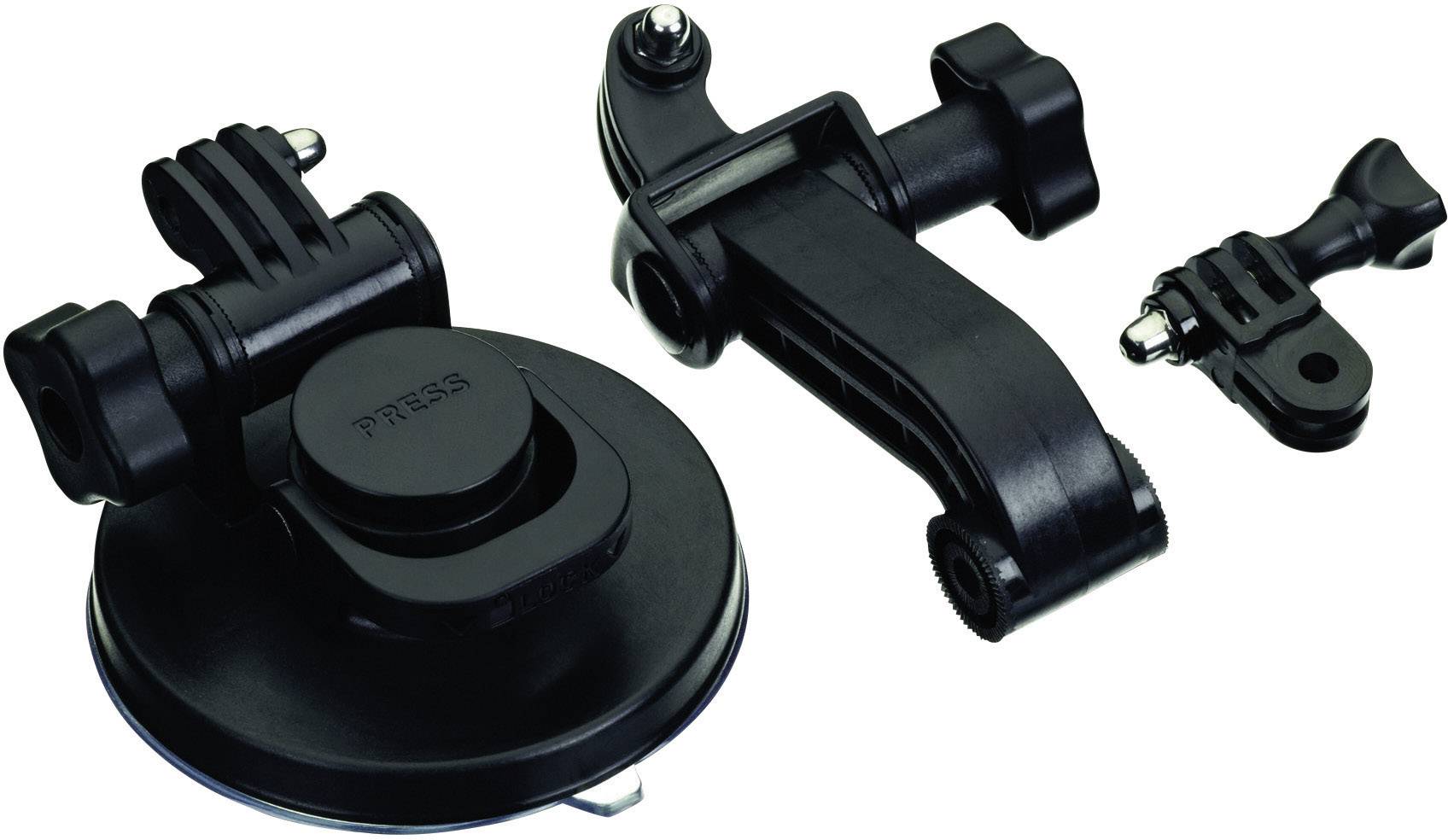A black suction cup mounting set with movable arms and screw fastenings for mounting devices, such as cameras.