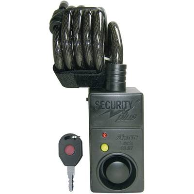 Black security lock with alarm function; includes spiral cable and keys. LED indicators for activation status and battery.<br><br>Black security lock with alarm function; includes coiled cable and keys. LED indicators for activation status and battery level.