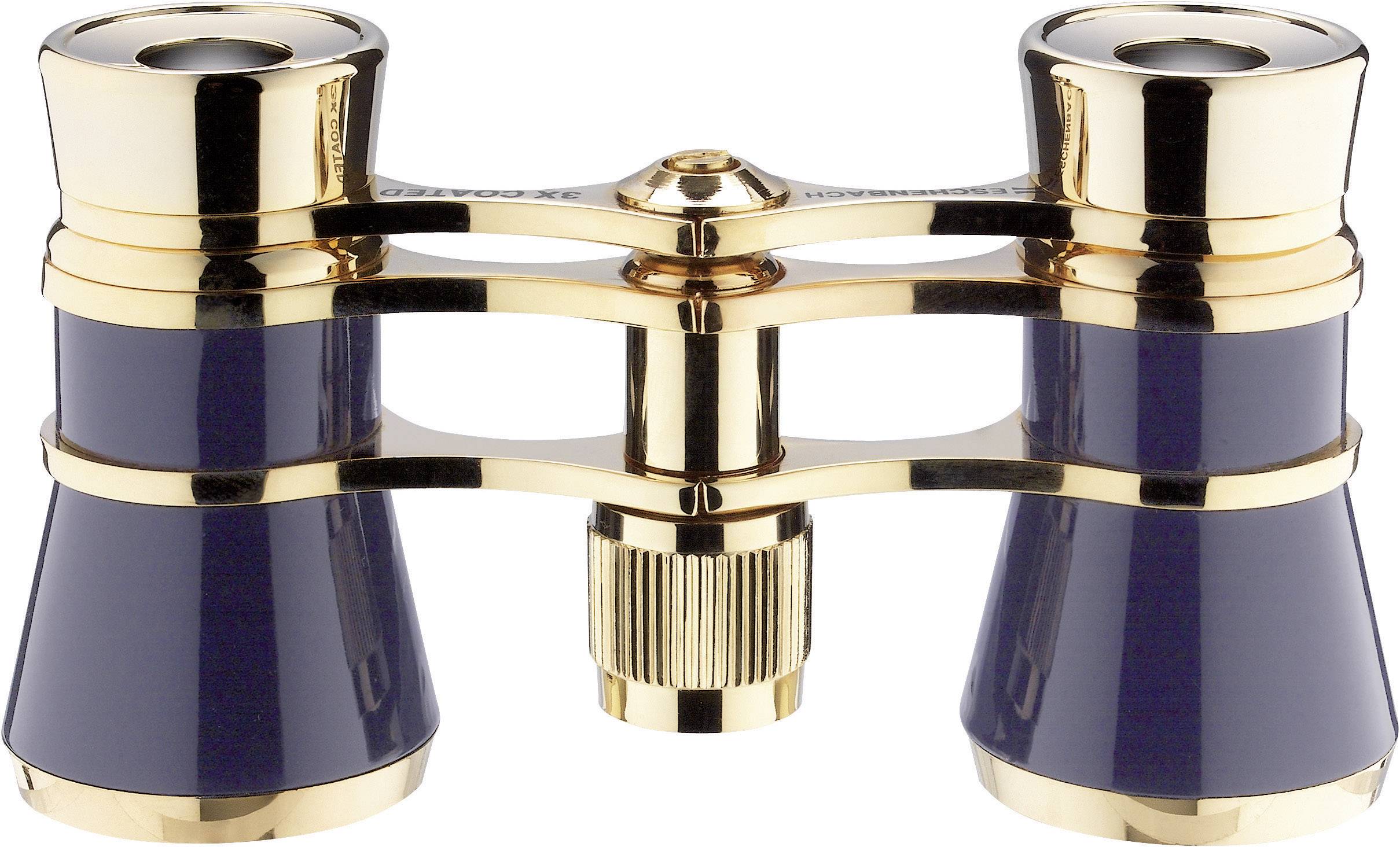 A golden opera glasses with blue accents, in a classic design, rests on a white surface; it has an elegant appearance.