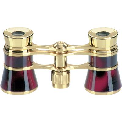 Golden opera glasses with a red finish. They are compact, lightweight, and primarily designed for use in theatres or during opera performances.