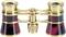 Golden opera glasses with a red finish. They are compact, lightweight, and primarily designed for use in theatres or during opera performances.
