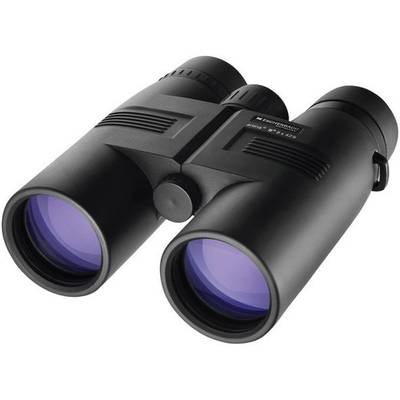 A black pair of binoculars with purple lenses, suitable for nature watching or birdwatching outdoors.