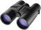 A black pair of binoculars with purple lenses, suitable for nature watching or birdwatching outdoors.