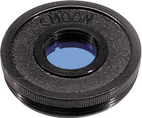 Black camera filter with blue centre, shows inscription 'MOON' at the top.