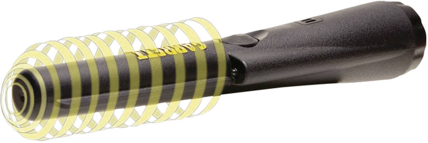 A black torch emits concentric yellow light waves from its lens.