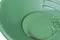 A green gold panning dish filled with water and a few small gold particles at the bottom.