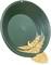 A green gold panning dish filled with a large number of golden nuggets or flakes.