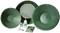 Green gold panning kit with two pans, sieve, bottle, magnifying glass, tweezers and instructions. Perfect for gold prospecting in rivers.