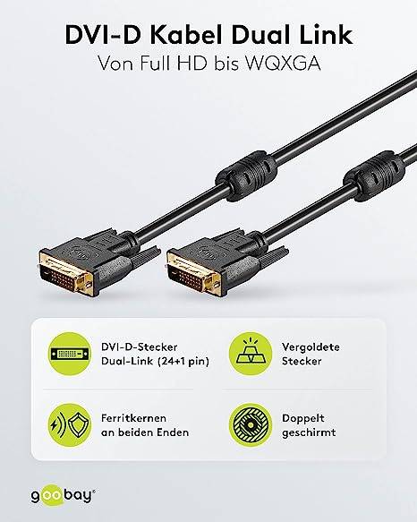 Goobay DVI Cable DVI-D 24+1-pin plug 3 m Black 93111 screwable, gold plated connectors, double shielding, Round, PVC coa-1