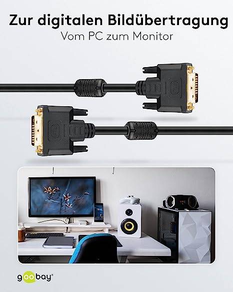 Goobay DVI Cable DVI-D 24+1-pin plug 5 m Black 93112 screwable, gold plated connectors, double shielding, Round, PVC coa-5