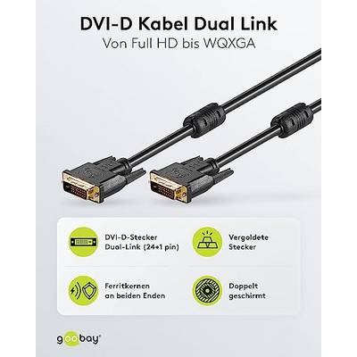 Goobay DVI Connection cable DVI-D 24+1-pin plug 5 m Black 93112 screwable, gold plated connectors, double shielding, Rou-1